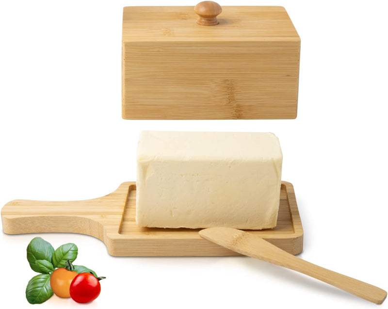 Manteiga de bambu com tampa – Suporte de manteiga grande feito de bambu de grau alimentício – comporta até 113 g de sua manteiga favorita – Guarda manteiga ideal para armazenamento e servir – Fácil de