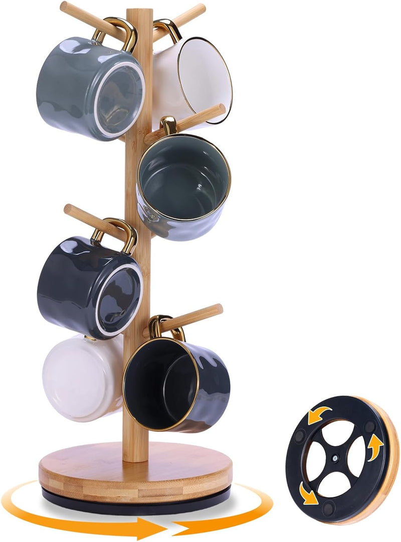 Suporte de caneca de árvore, girado 360° atualizado com 8 ganchos para balcão, suporte de bambu para acessórios de cafeteria