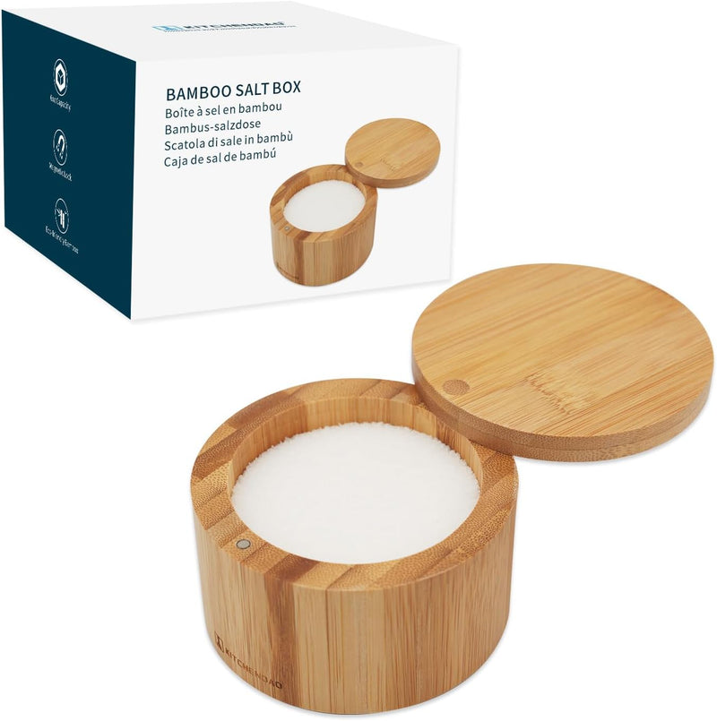 KITCHENDAO Caixa de tigela de bambu para adega de sal, elegante suporte de recipiente de cozinha com tampa magnética giratória para armazenar banho de pimenta e especiarias ou temperos favoritos, 170