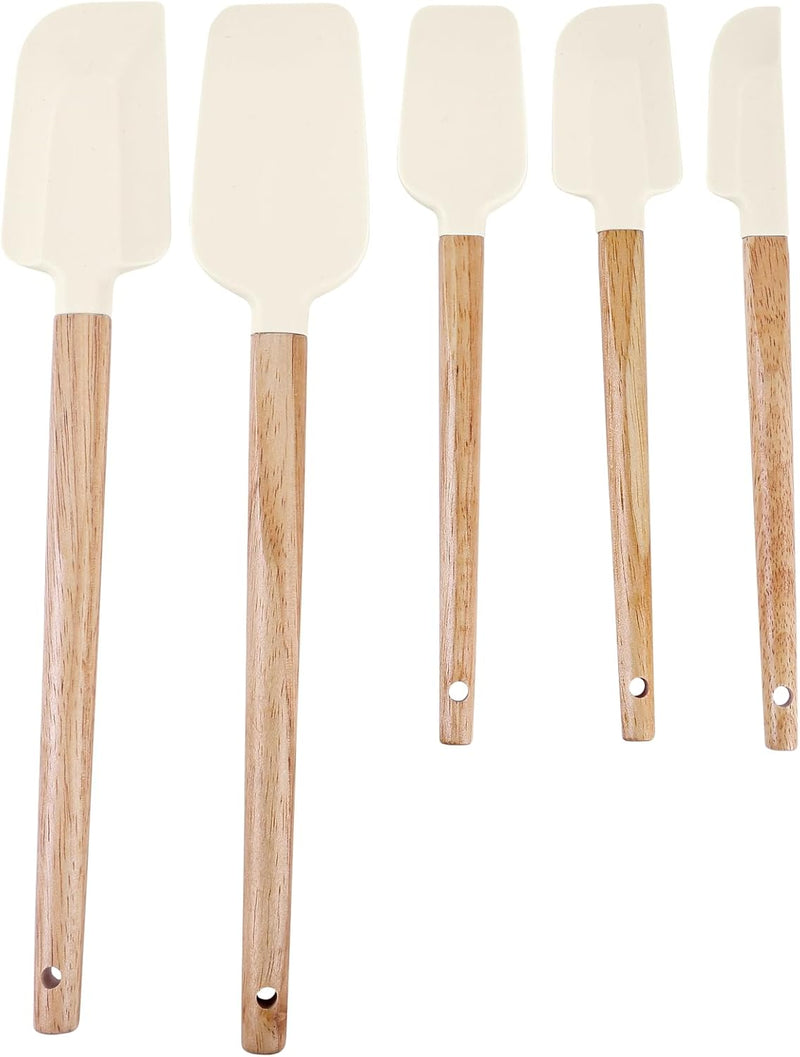 Ptanexx Wooden Handle Silicone Spatula Set 5 Piece, Batter Mixing Spatula, Spatula for Cooking, Jars, Baking, Mixing, Frosting