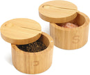 HTB Adega de sal de bambu com mini colher, caixa de sal de cozinha com tampa de fecho magnético giratório, recipiente redondo de sal para armazenamento pimenta tempero banho sal marinho