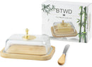 Manteiga grande de vidro com tampa e faca para bancada e geladeira, recipiente de armazenamento de manteiga com alça para geladeira, suporte de manteiga para balcão, bandeja de manteiga de bambu