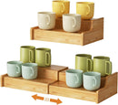 Suporte de caneca de café expansível de 2 camadas, organizador de canecas para armários de cozinha, suporte de caneca de bambu, prateleira multifuncional para copos, organizador de cafés