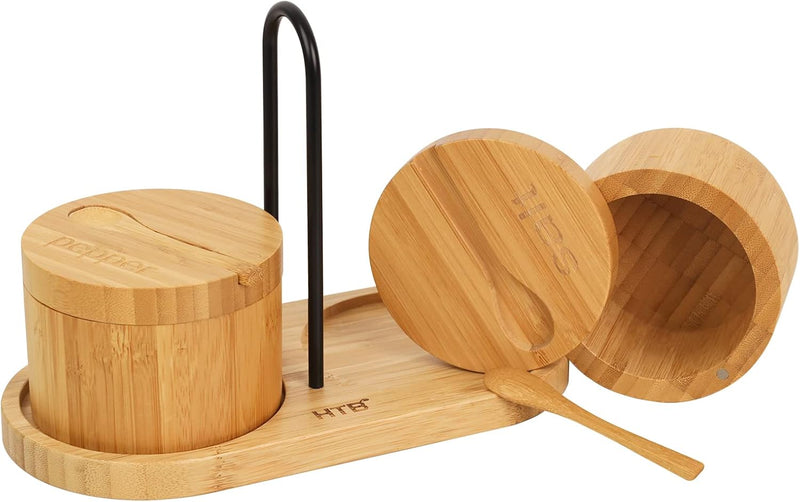 HTB Adega de sal de bambu com mini colher, caixa de sal de cozinha com tampa de fecho magnético giratório, recipiente redondo de sal para armazenamento pimenta tempero banho sal marinho