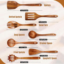Conjunto de utensílios de cozinha de madeira teca natural de 9 peças com descanso de colher - Suporte de colheres e utensílios de cozinha com aderência confortável