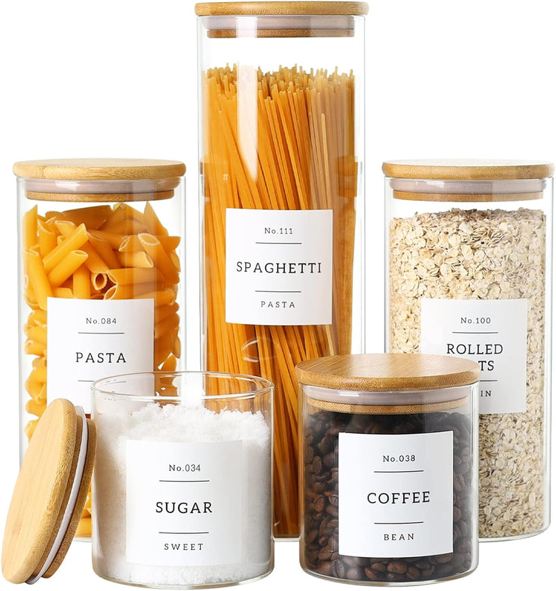Pacote com 5 frascos de vidro com tampas herméticas de bambu - Recipientes empilháveis de armazenamento de alimentos com 132 etiquetas de despensa - com tampa de madeira para doces,