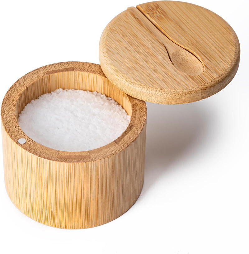 Saleiro de bambu, caixa de sal com tampa magnética giratória, caixa de temperos com colher, recipiente de sal redondo para armazenar sal, pimenta, açúcar, ervas, capacidade de 170 g