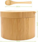 HTB Adega de sal de bambu com mini colher, caixa de sal de cozinha com tampa de fecho magnético giratório, recipiente redondo de sal para armazenamento pimenta tempero banho sal marinho