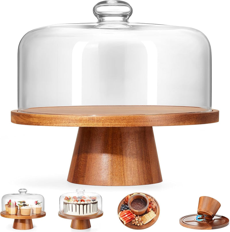 Suporte de bolo de madeira com tampa, suporte de bolo de acácia com cúpula de vidro, suporte de sobremesa versátil de 28 cm com pedestal magnético forte, suporte de bolo para aniversário