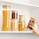 Vtopmart Frascos de vidro para armazenamento de alimentos, pacote com 7 recipientes de cozinha com tampas herméticas de madeira de bambu para massas, biscoitos, nozes, grãos de café, cereais, conjunto