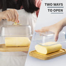 Manteiga grande de vidro com tampa e faca para bancada e geladeira, recipiente de armazenamento de manteiga com alça para geladeira, suporte de manteiga para balcão, bandeja de manteiga de bambu