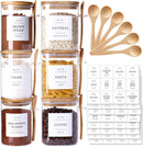 Pacote com 5 frascos de vidro com tampas herméticas de bambu - Recipientes empilháveis de armazenamento de alimentos com 132 etiquetas de despensa - com tampa de madeira para doces,