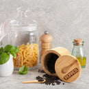 Lawei Pacote com 2 tigelas de sal e pimenta de bambu, recipiente redondo de sal com tampas e colheres magnéticas giratórias, adegas de sal de bambu, caixa de armazenamento de temperos para sal, pimenta, açúcar, especiarias