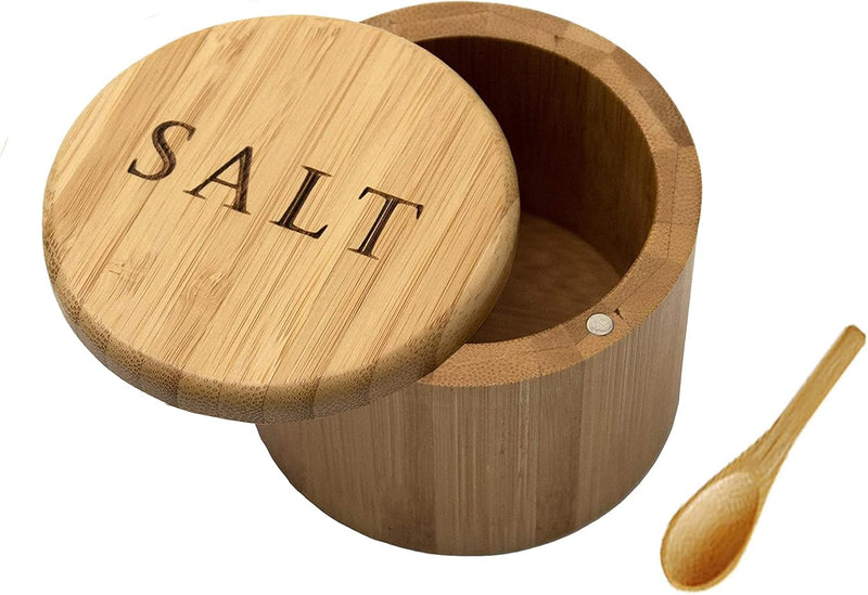 Saleiro, caixa de sal de bambu, recipiente de sal com colher, suporte de sal com tampa, saleiro, cominho e tigela de pimenta com tampa giratória magnética