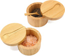 HTB Adega de sal de bambu com mini colher, caixa de sal de cozinha com tampa de fecho magnético giratório, recipiente redondo de sal para armazenamento pimenta tempero banho sal marinho