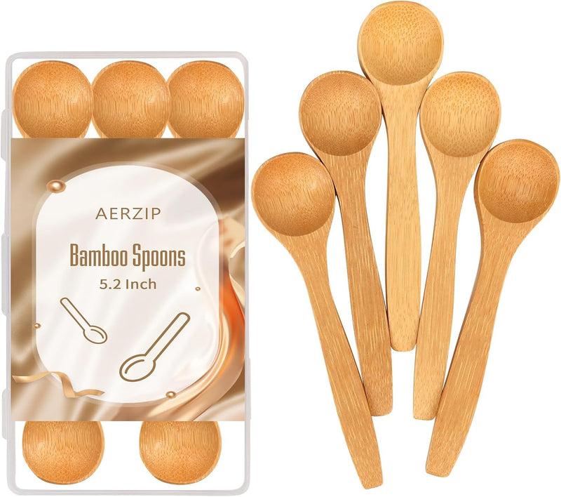 Colheres de bambu de 13 cm, pequenas colheres de madeira para condimentos, especiarias, açúcar, sal, geléia, café, Hrbs e mel, pequenas colheres de chá de madeira para servir cozinha (5 peças)