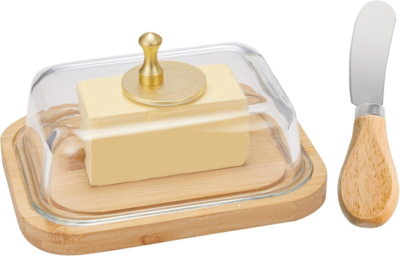 Manteiga grande de vidro com tampa e faca para bancada e geladeira, recipiente de armazenamento de manteiga com alça para geladeira, suporte de manteiga para balcão, bandeja de manteiga de bambu