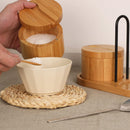 HTB Adega de sal de bambu com mini colher, caixa de sal de cozinha com tampa de fecho magnético giratório, recipiente redondo de sal para armazenamento pimenta tempero banho sal marinho