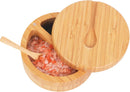 HTB Adega de sal de bambu com mini colher, caixa de sal de cozinha com tampa de fecho magnético giratório, recipiente redondo de sal para armazenamento pimenta tempero banho sal marinho