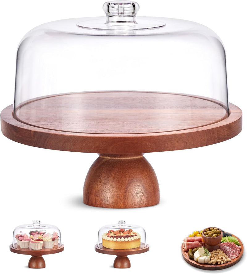 Kootek Suporte de bolo de madeira com tampa, prato de bolo de madeira 2 em 1 e tábua de charcutaria coberta, suporte de exibição de sobremesa para bolo com pé com tampa de cúpula para casamentos