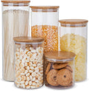 Conjunto de potes de vidro herméticos com tampas de bambu, recipientes de armazenamento de alimentos de vidro – Conjunto de 5 potes de cozinha para açúcar, doces, biscoitos, arroz e potes de
