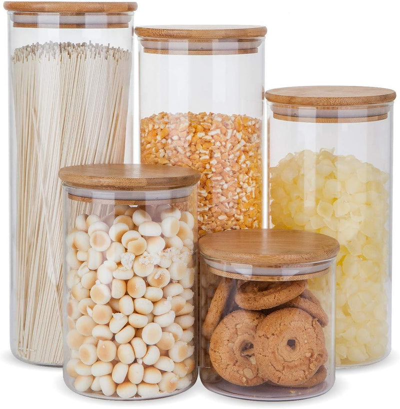 Conjunto de potes de vidro herméticos com tampas de bambu, recipientes de armazenamento de alimentos de vidro – Conjunto de 5 potes de cozinha para açúcar, doces, biscoitos, arroz e potes de