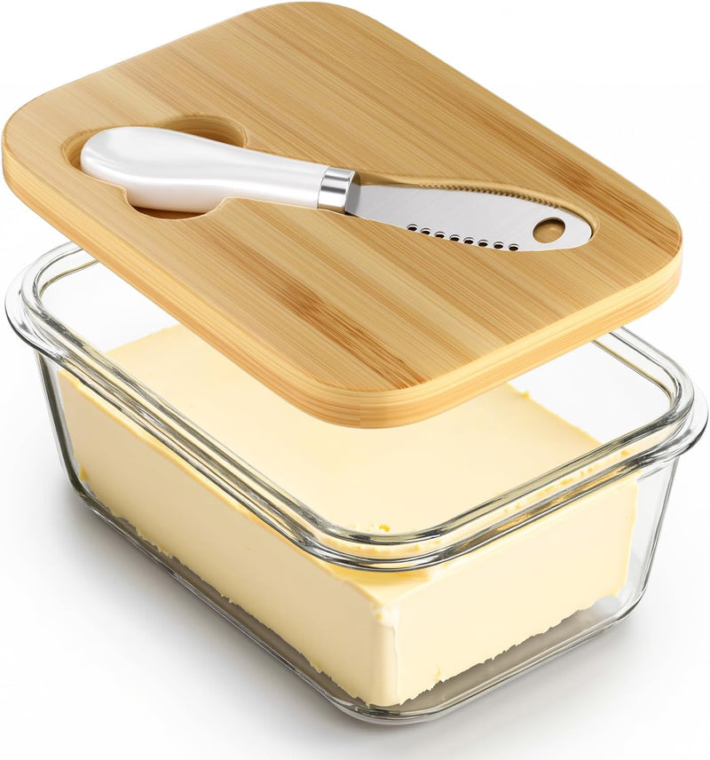 Manteiga de vidro com tampa e faca de bambu, vedação hermética para frescura, grande manteigueira para manteiga da costa leste e oeste, ideal para armazenamento de bancada e geladeira, manteiga de