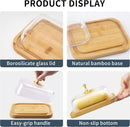 Manteiga grande de vidro com tampa e faca para bancada e geladeira, recipiente de armazenamento de manteiga com alça para geladeira, suporte de manteiga para balcão, bandeja de manteiga de bambu