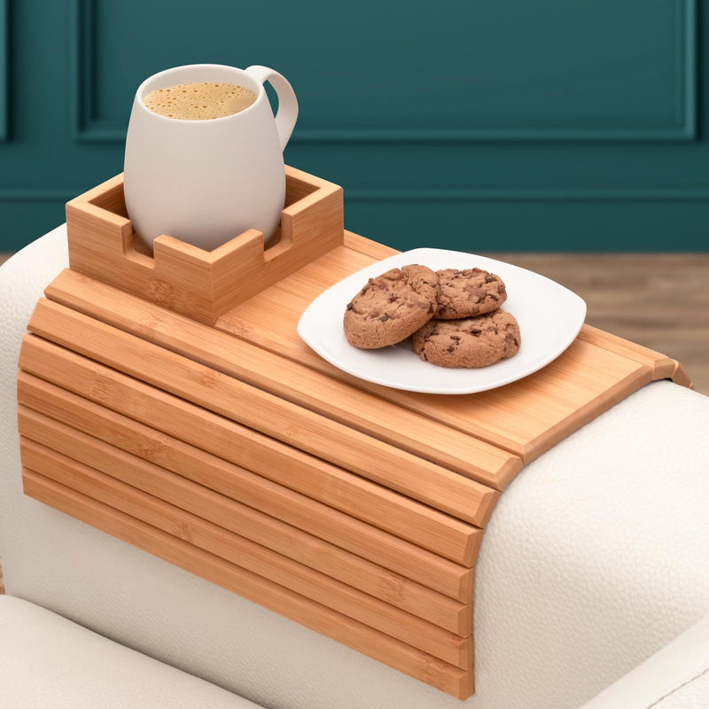Bandeja de sofá de bambu e apoio de braço com suporte de copo – Suporte versátil para bebidas e lanches para sofá, poltrona reclinável ou namoradeira