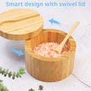 HTB Adega de sal de bambu com mini colher, caixa de sal de cozinha com tampa de fecho magnético giratório, recipiente redondo de sal para armazenamento pimenta tempero banho sal marinho