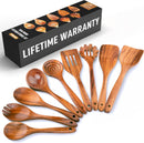 Zulay Kitchen Conjunto de colheres de madeira de 6 peças – Utensílios de teca macios resistentes ao calor com aderência confortável – leve e durável – fácil de limpar, perfeito para panelas
