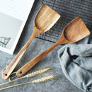 FJNATINH Espátula wok grande de madeira, 33 cm de teca natural, cabo longo, revestido, resina natural, feita à mão para panelas antiaderentes