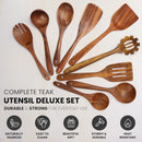 Zulay Kitchen Conjunto de colheres de madeira de 6 peças – Utensílios de teca macios resistentes ao calor com aderência confortável – leve e durável – fácil de limpar, perfeito para panelas