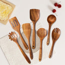 Conjunto de utensílios de cozinha de madeira teca natural de 9 peças com descanso de colher - Suporte de colheres e utensílios de cozinha com aderência confortável
