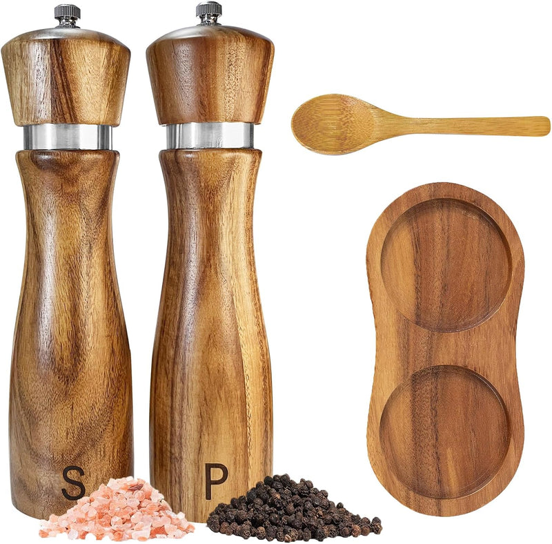 Conjunto de moedor de sal e pimenta de madeira: manual do moedor de pimenta, grossura ajustável, feito de madeira de acácia com núcleo de cerâmica/aço inoxidável | juntamente com bandeja de moedor de