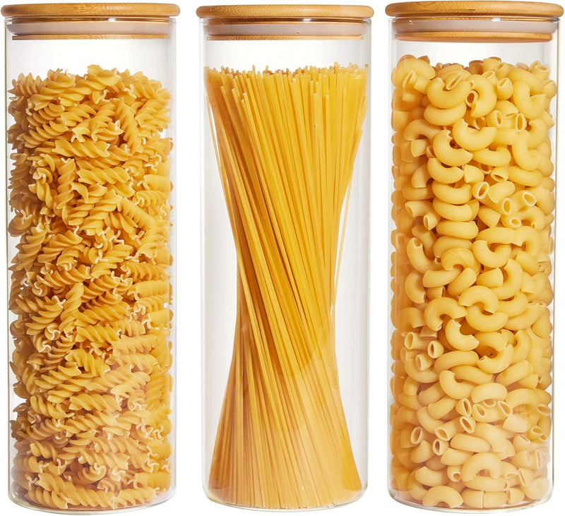 Vtopmart Frascos de vidro para armazenamento de alimentos, pacote com 7 recipientes de cozinha com tampas herméticas de madeira de bambu para massas, biscoitos, nozes, grãos de café, cereais, conjunto