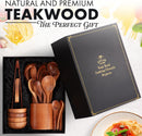 Zulay Kitchen Conjunto de colheres de madeira de 6 peças – Utensílios de teca macios resistentes ao calor com aderência confortável – leve e durável – fácil de limpar, perfeito para panelas