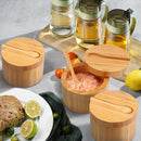 HTB Adega de sal de bambu com mini colher, caixa de sal de cozinha com tampa de fecho magnético giratório, recipiente redondo de sal para armazenamento pimenta tempero banho sal marinho
