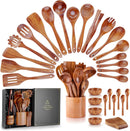 Zulay Kitchen Conjunto de colheres de madeira de 6 peças – Utensílios de teca macios resistentes ao calor com aderência confortável – leve e durável – fácil de limpar, perfeito para panelas