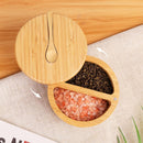 HTB Adega de sal de bambu com mini colher, caixa de sal de cozinha com tampa de fecho magnético giratório, recipiente redondo de sal para armazenamento pimenta tempero banho sal marinho