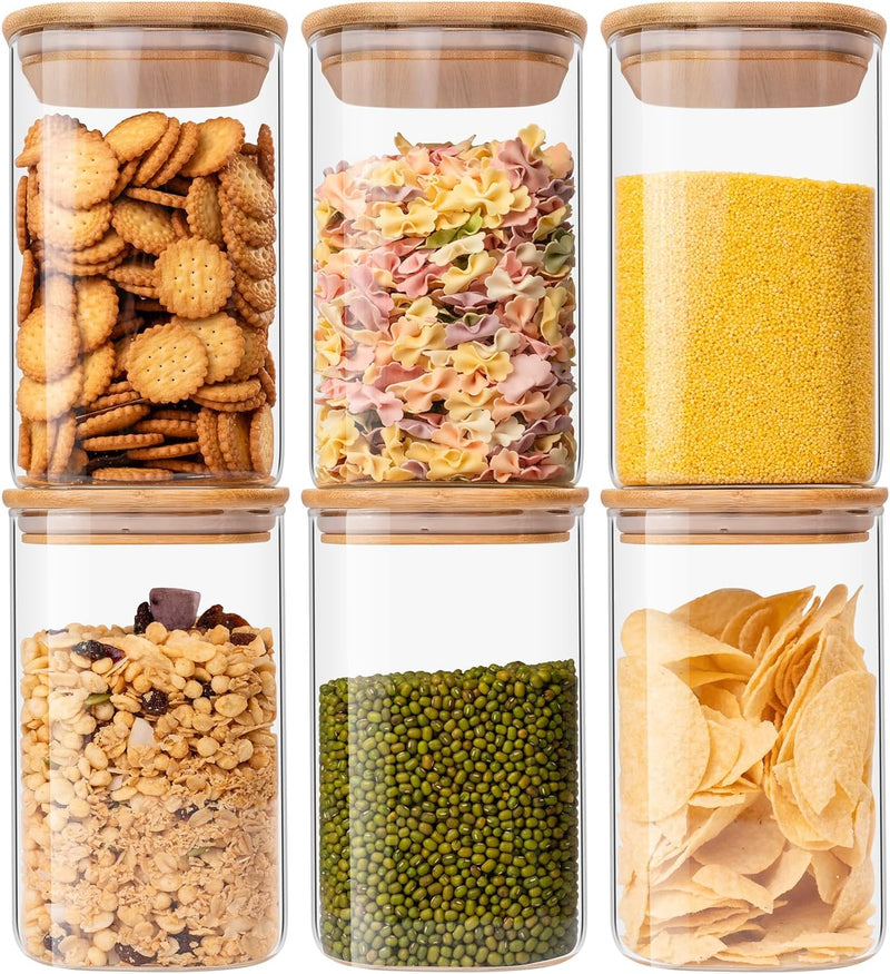Frascos de vidro para armazenamento de alimentos, conjunto de 6 recipientes de armazenamento de vidro, recipiente de vidro transparente para alimentos com tampa de bambu hermético para servir chá,
