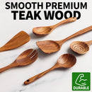 Zulay Kitchen Conjunto de colheres de madeira de 6 peças – Utensílios de teca macios resistentes ao calor com aderência confortável – leve e durável – fácil de limpar, perfeito para panelas