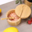 HTB Adega de sal de bambu com mini colher, caixa de sal de cozinha com tampa de fecho magnético giratório, recipiente redondo de sal para armazenamento pimenta tempero banho sal marinho