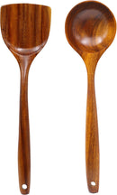 FJNATINH Espátula wok grande de madeira, 33 cm de teca natural, cabo longo, revestido, resina natural, feita à mão para panelas antiaderentes