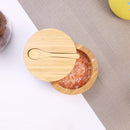 HTB Adega de sal de bambu com mini colher, caixa de sal de cozinha com tampa de fecho magnético giratório, recipiente redondo de sal para armazenamento pimenta tempero banho sal marinho