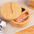 HTB Adega de sal de bambu com mini colher, caixa de sal de cozinha com tampa de fecho magnético giratório, recipiente redondo de sal para armazenamento pimenta tempero banho sal marinho