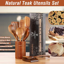 Conjunto de utensílios de cozinha de madeira teca natural de 9 peças com descanso de colher - Suporte de colheres e utensílios de cozinha com aderência confortável