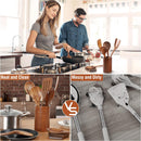 Conjunto de utensílios de cozinha de madeira teca natural de 9 peças com descanso de colher - Suporte de colheres e utensílios de cozinha com aderência confortável