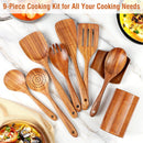 Conjunto de utensílios de cozinha de madeira teca natural de 9 peças com descanso de colher - Suporte de colheres e utensílios de cozinha com aderência confortável