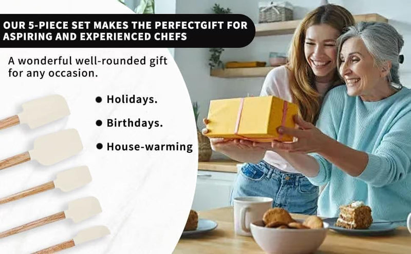 Ptanexx Wooden Handle Silicone Spatula Set 5 Piece, Batter Mixing Spatula, Spatula for Cooking, Jars, Baking, Mixing, Frosting